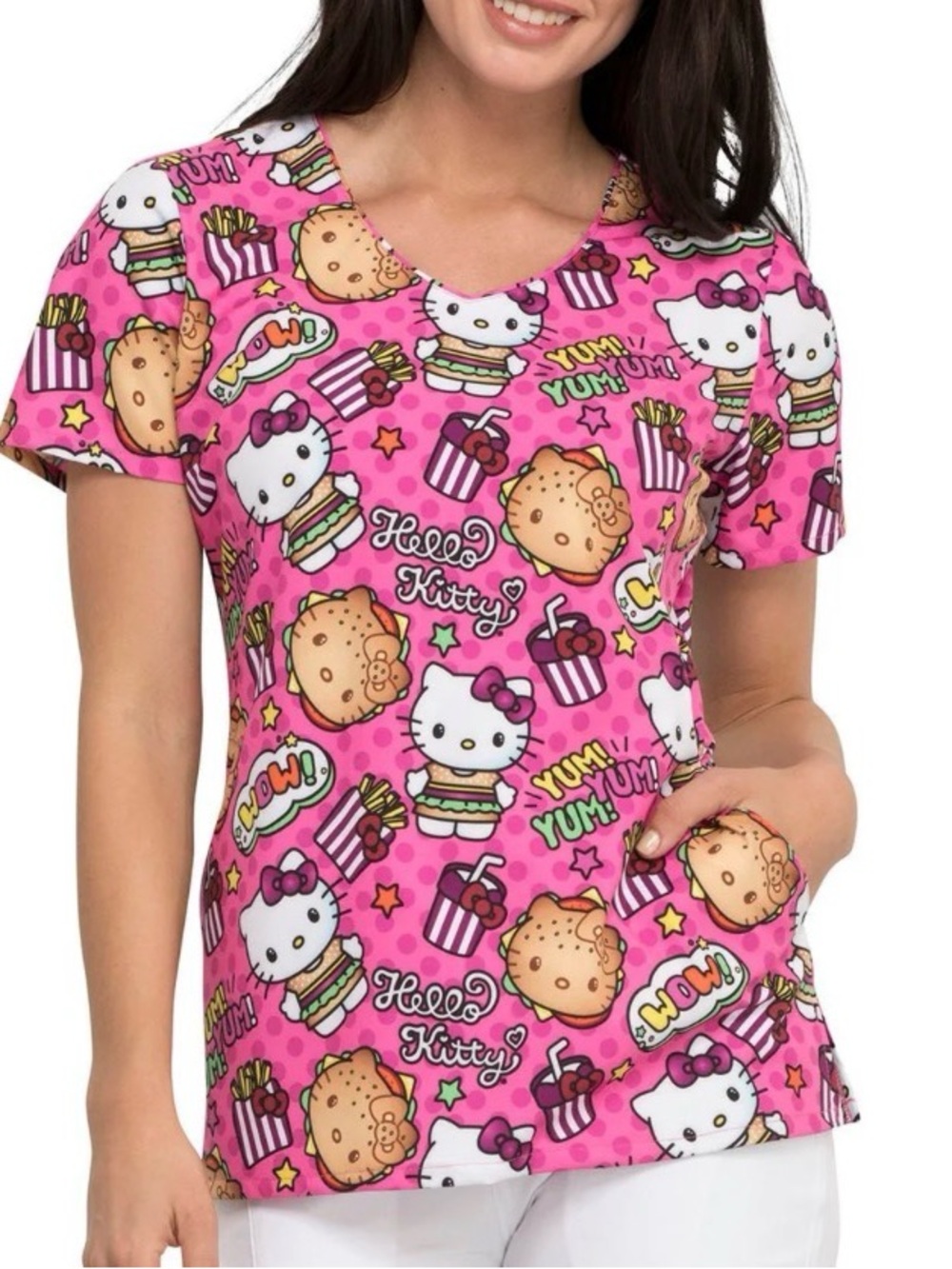 🔆NWT Cherokee Tooniforms Hello Kitty Sanrio Pink V-Neck Scrub Top   Size S